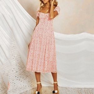 Red Floral Square Neck Puff Sleeve Midi Dress